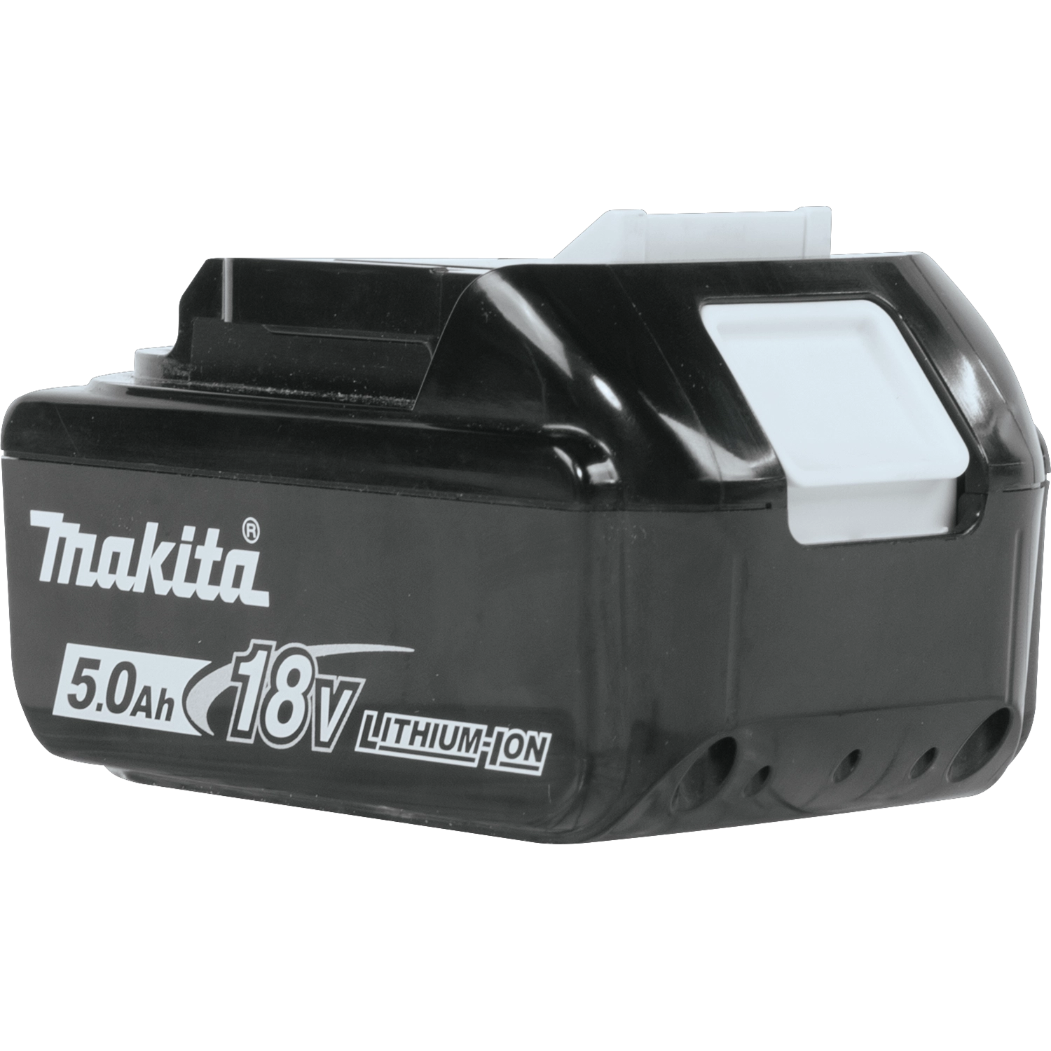 Rear-right angle view of Makita 5.0Ah battery placed on job site surface
