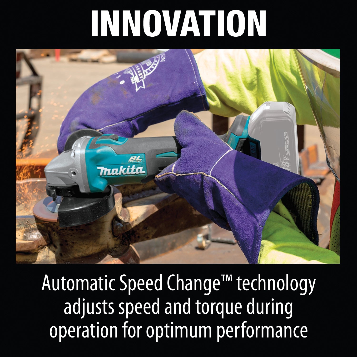 Innovative design of Makita grinder showcasing speed control and AFT™
