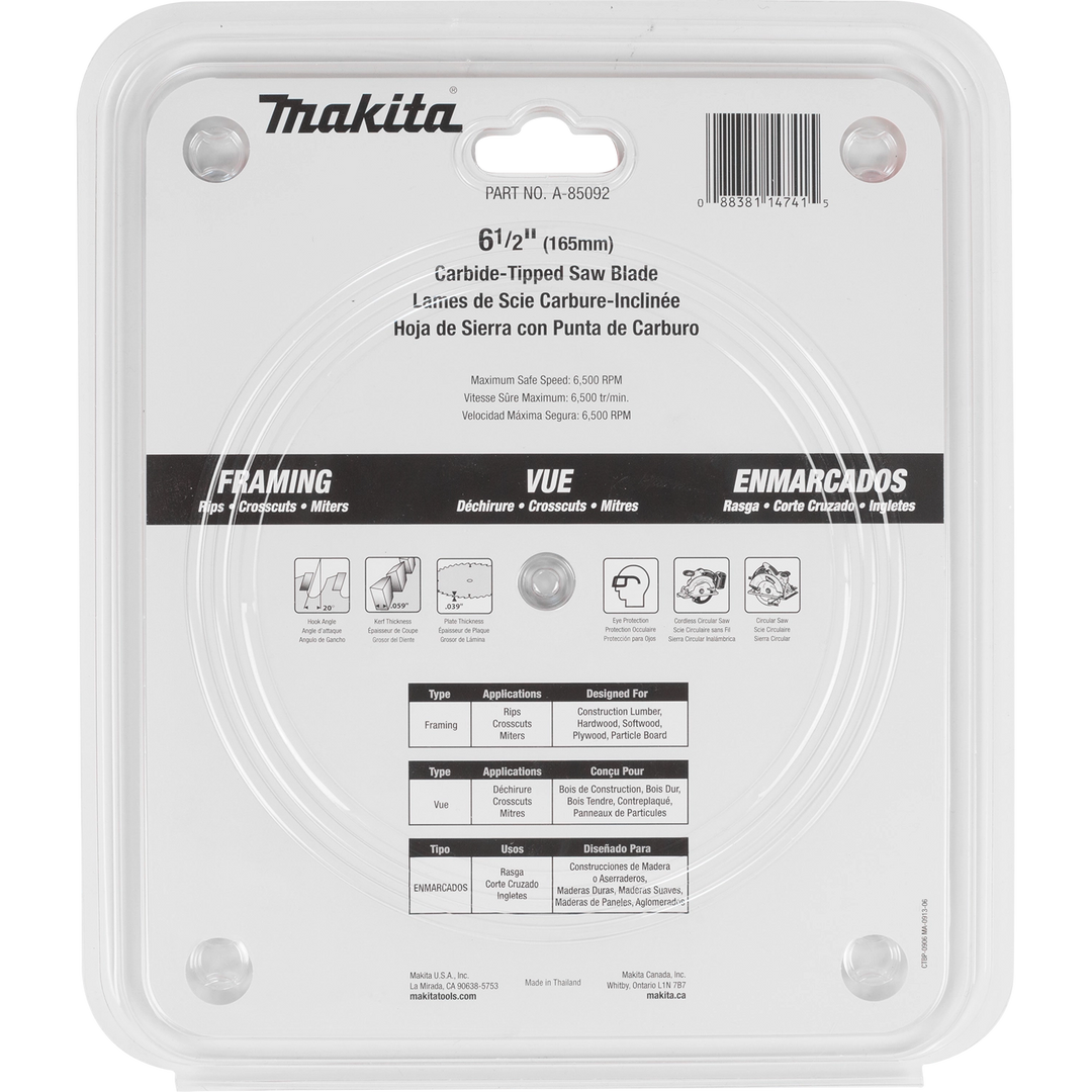 back view of makita 6.5 inch saw blade packaging showing specifications and material compatibility
