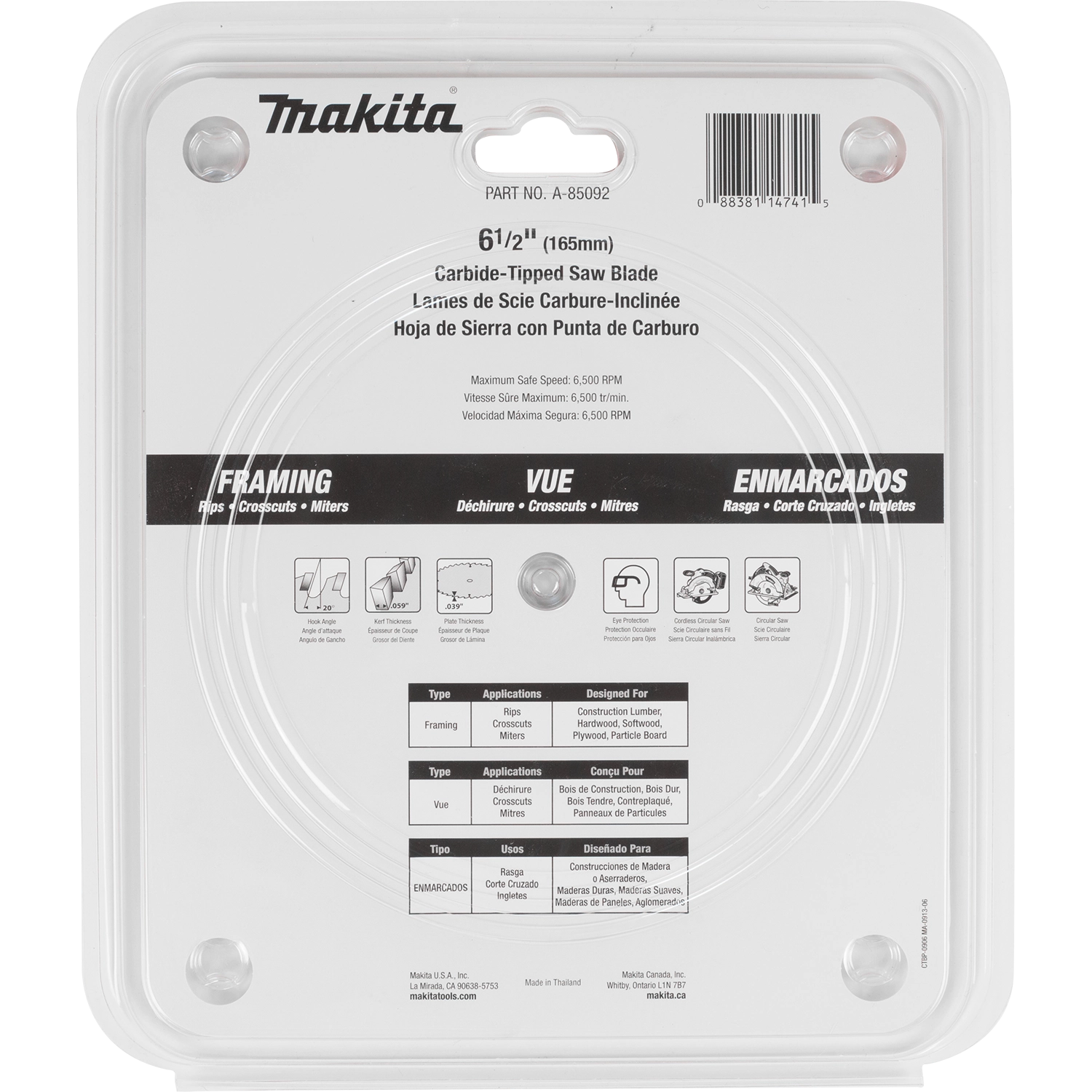back view of makita 6.5 inch saw blade packaging showing specifications and material compatibility
