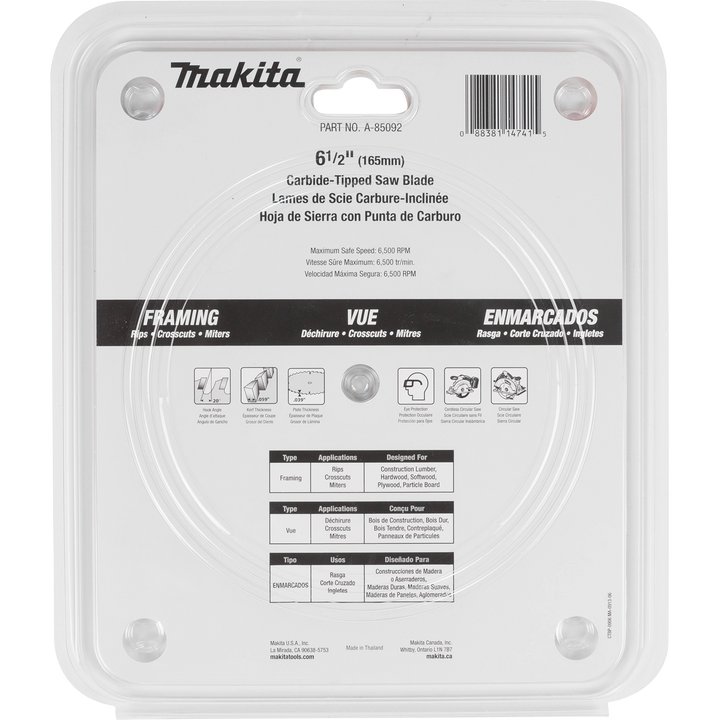 back view of makita 6.5 inch saw blade packaging showing specifications and material compatibility

