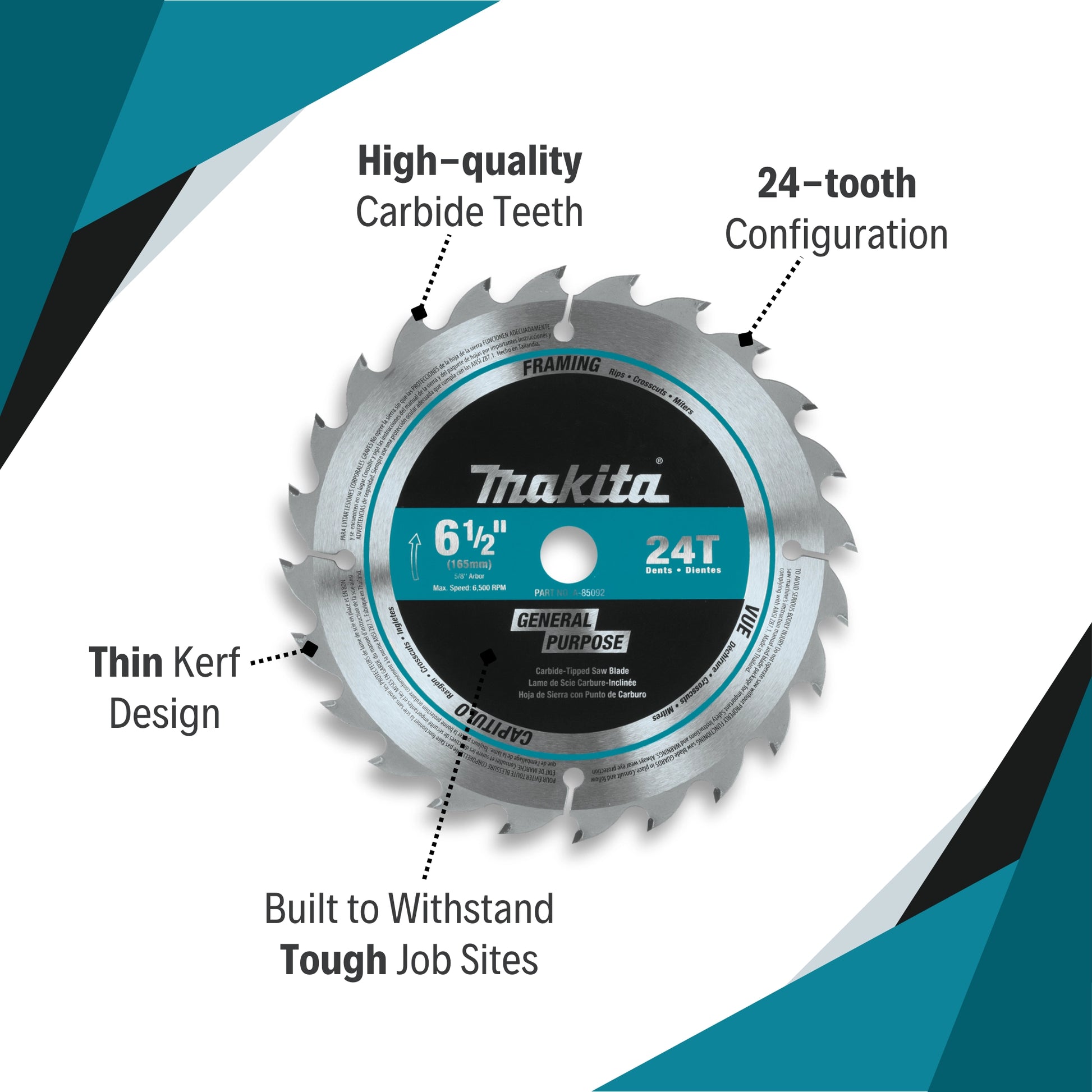 close-up of makita 6.5 inch 24 tooth circular saw blade highlighting carbide-tipped teeth and precision grind
