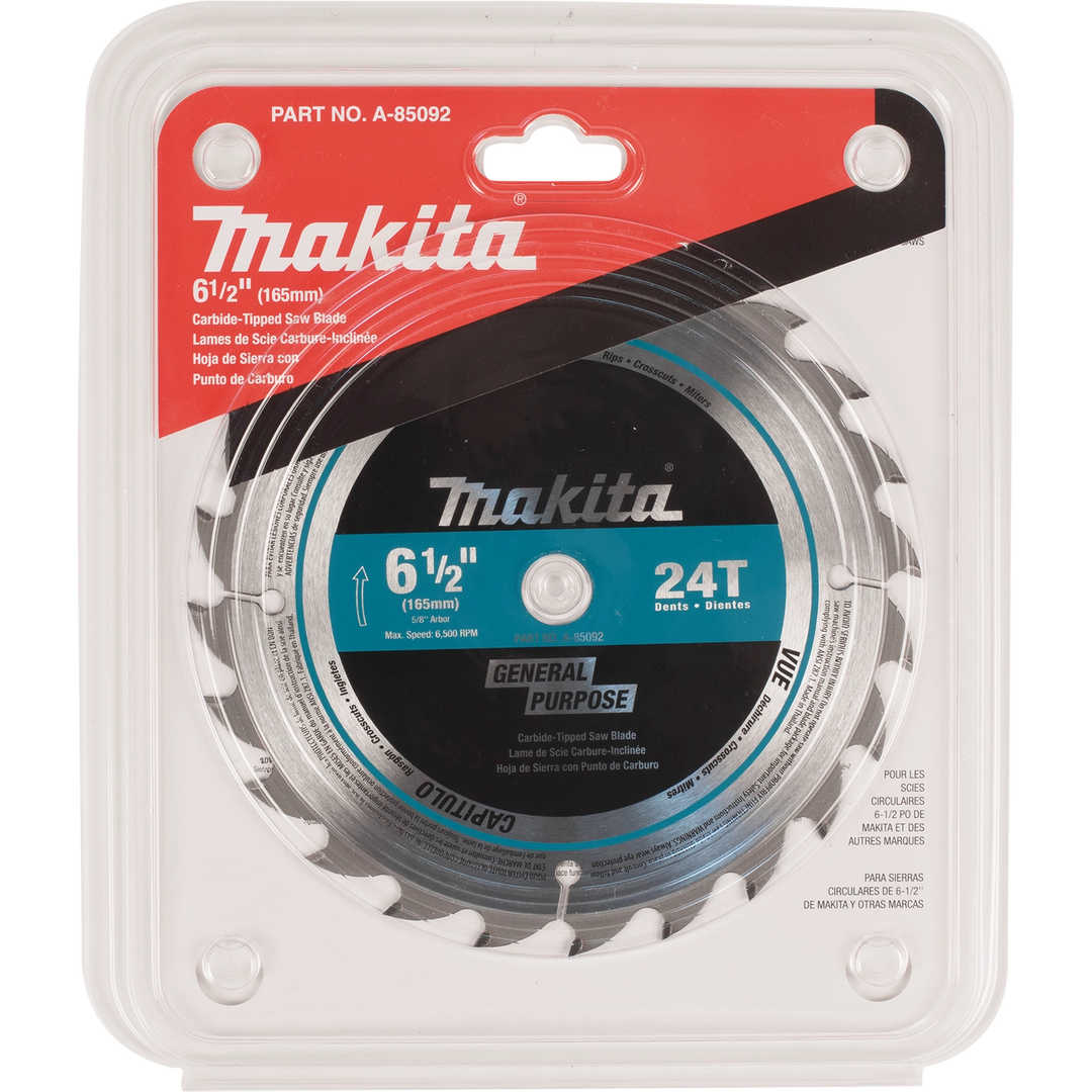 retail front packaging of makita 6.5 inch 24t circular saw blade with clear branding and product details
