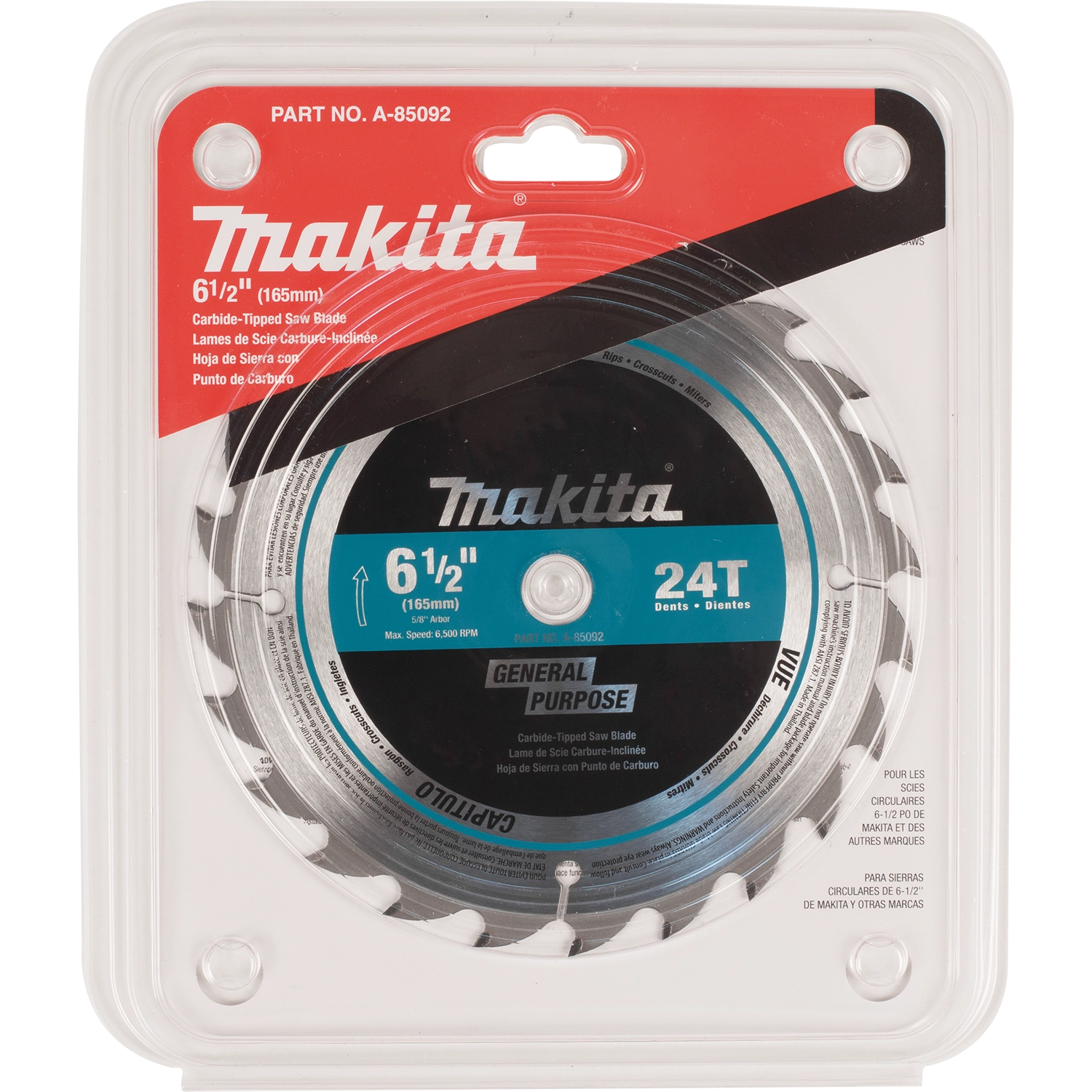 retail front packaging of makita 6.5 inch 24t circular saw blade with clear branding and product details
