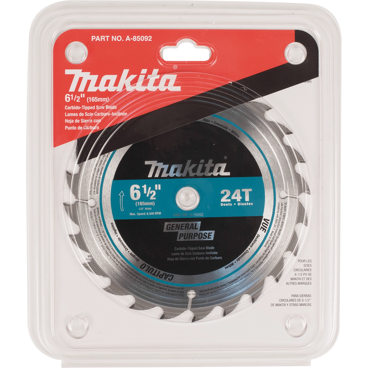 retail front packaging of makita 6.5 inch 24t circular saw blade with clear branding and product details
