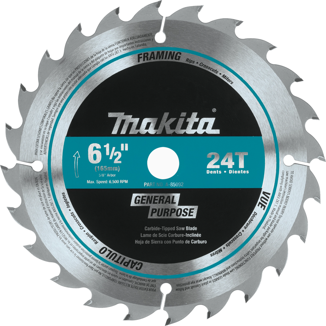 front view of makita 6.5 inch 24t saw blade showing brand logo and tooth layout
