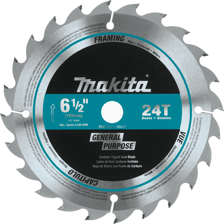 front view of makita 6.5 inch 24t saw blade showing brand logo and tooth layout
