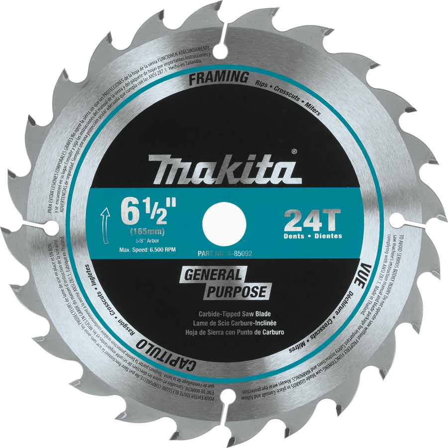 front view of makita 6.5 inch 24t saw blade showing brand logo and tooth layout

