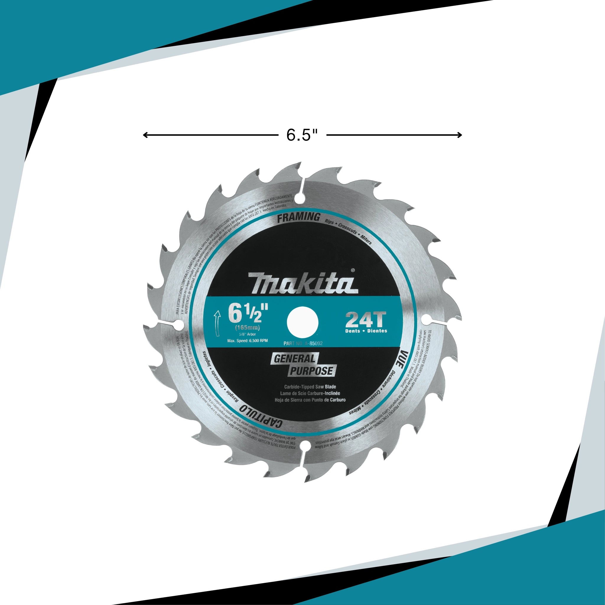 makita 6.5 inch 24 tooth saw blade next to ruler or hand for size reference and scale
