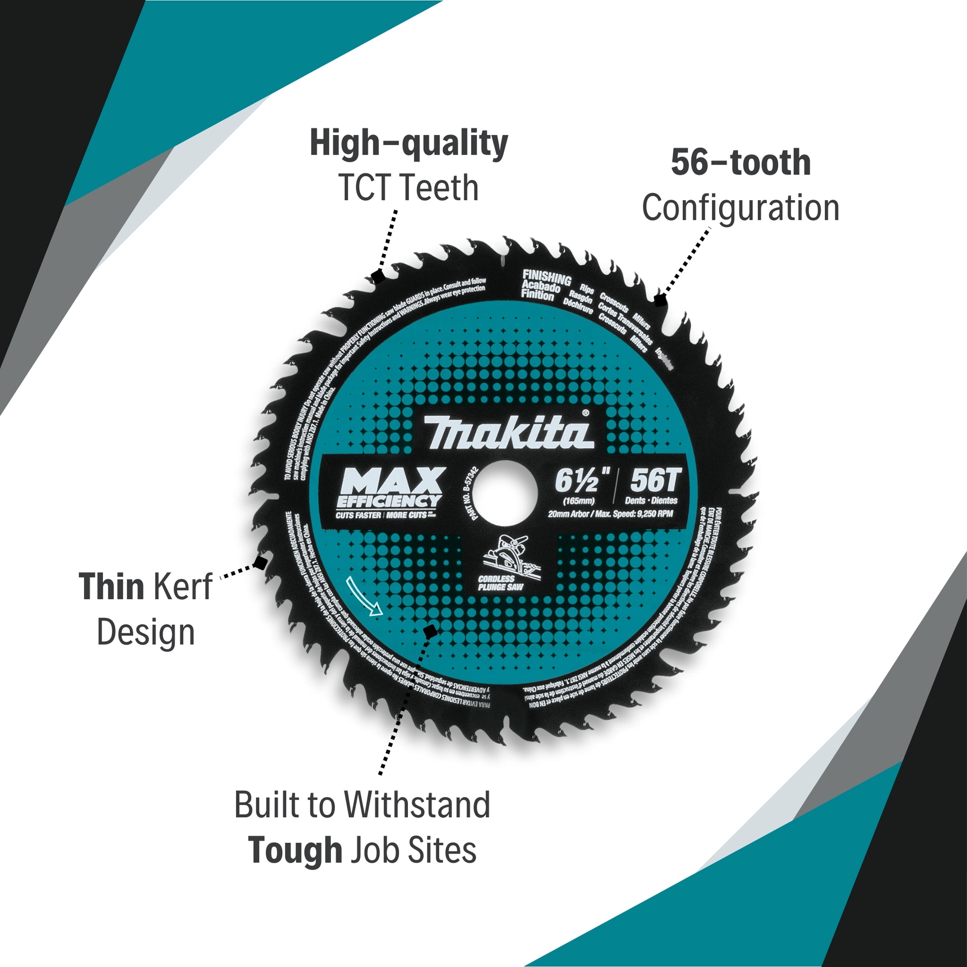 close-up of makita 6.5 inch 56 tooth plunge saw blade showing tct carbide-tipped features and precision grind
