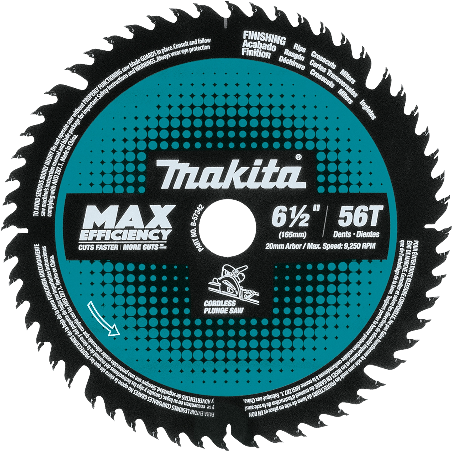 front view of makita 6.5 inch 56t max efficiency plunge saw blade with branding and tooth layout

