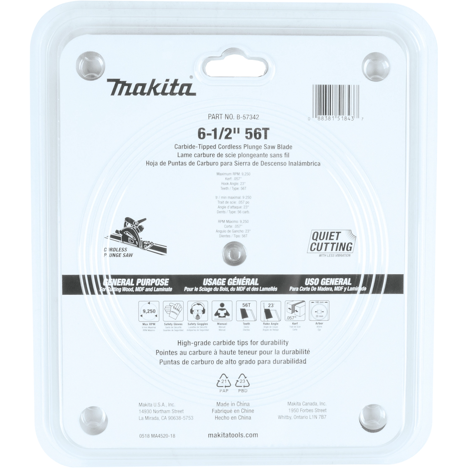 back side of makita 6.5 inch plunge saw blade packaging with specifications and usage guidance
