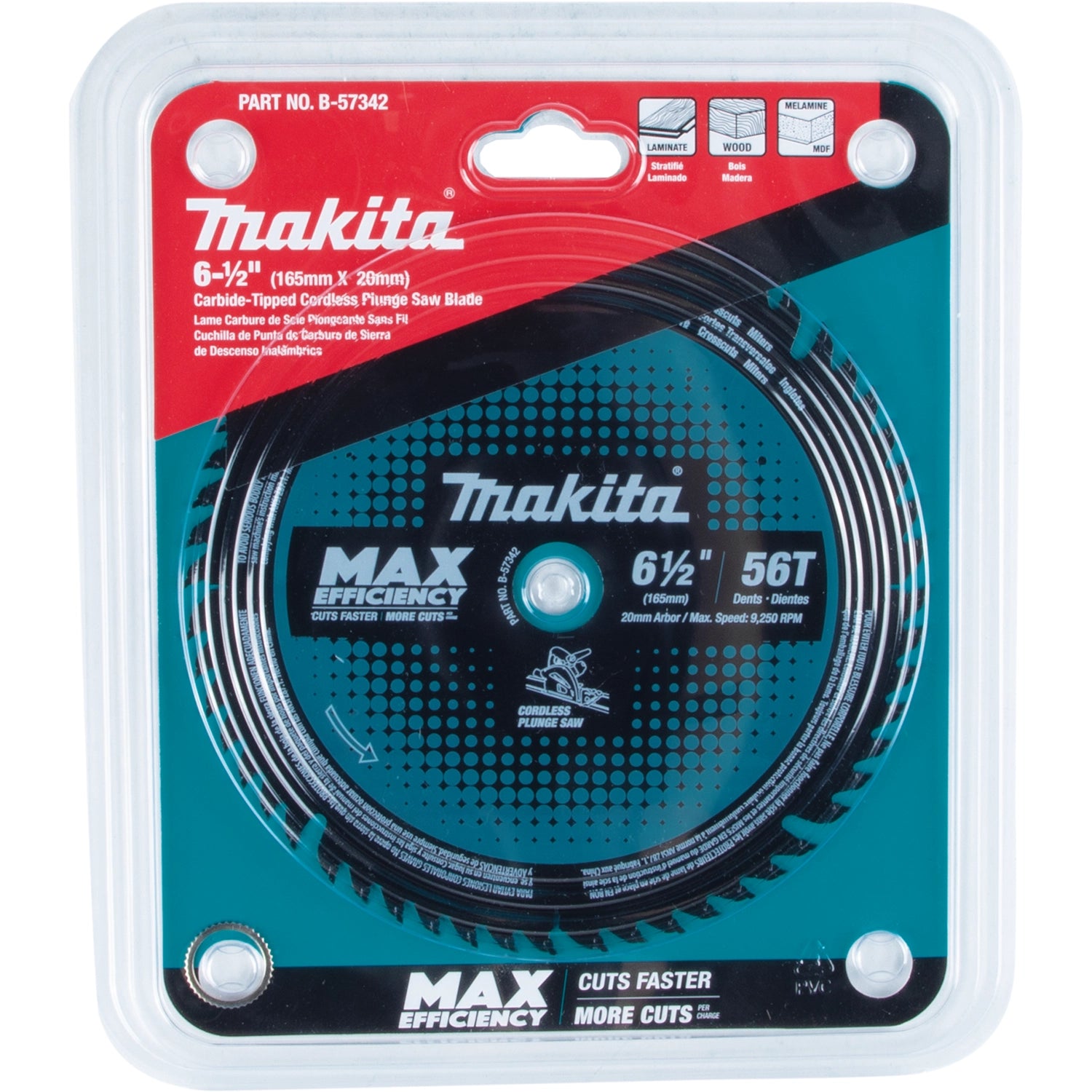 retail front packaging of makita 6.5 inch plunge saw blade showing product details and branding
