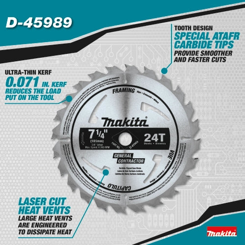 Close-up of Makita 7.25" 24T circular saw blade showing carbide-tipped features
