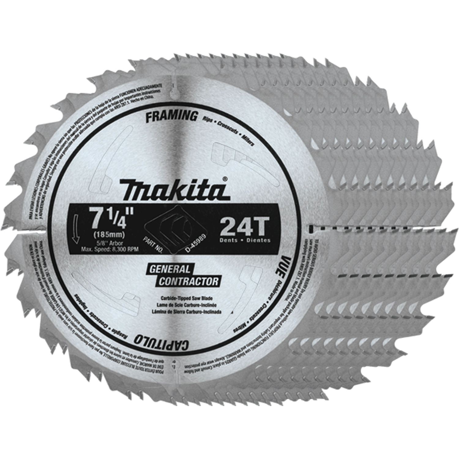 Ten Makita 7.25" 24T blades stacked together for bulk packaging view

