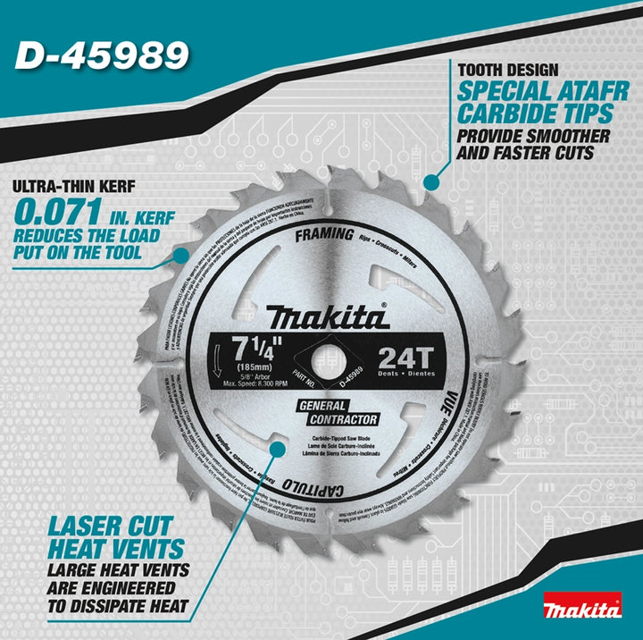 makita 7.25 inch 24 tooth circular saw blade close-up showing carbide-tipped features
