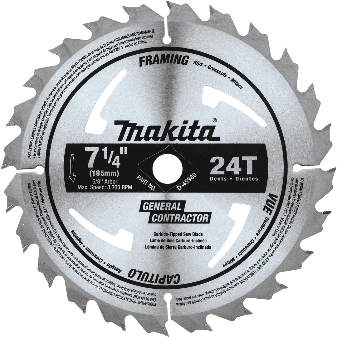 front view of makita 7.25 inch 24 tooth circular saw blade displaying tooth design and branding
