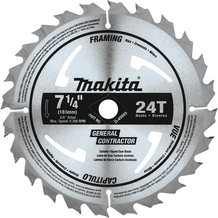front view of makita 7.25 inch 24 tooth circular saw blade displaying tooth design and branding

