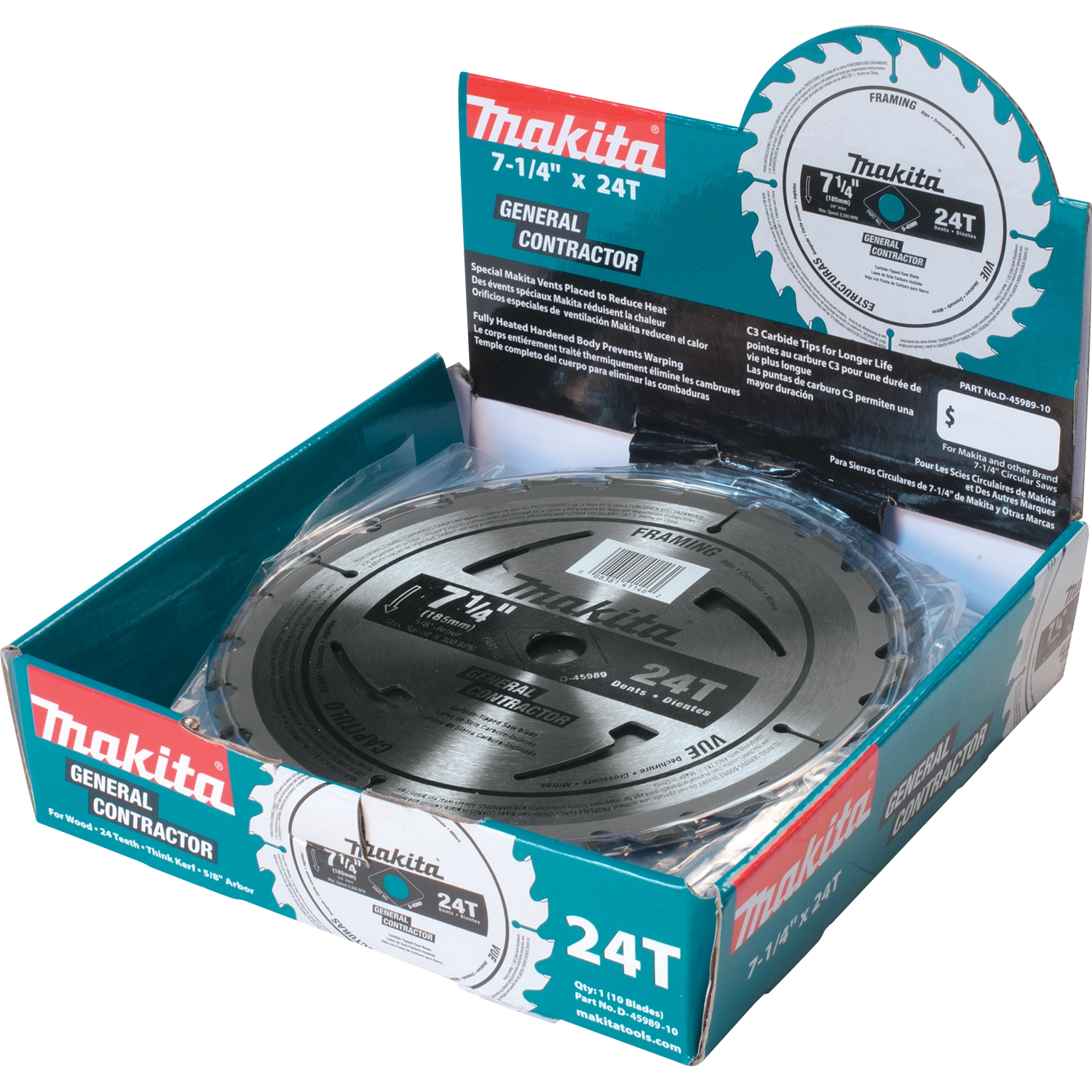 Makita 10-pack saw blades open in box showing organized layout
