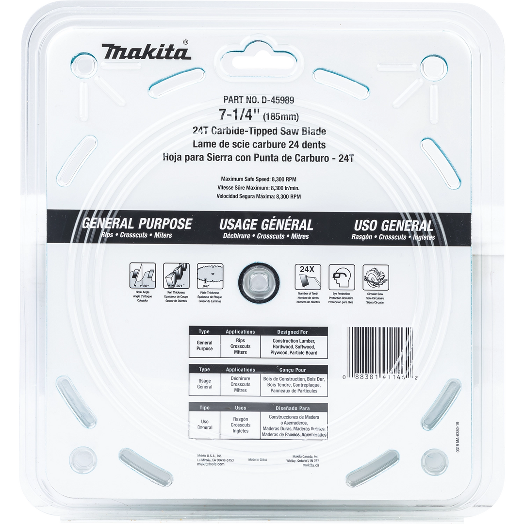 back of makita circular saw blade 10-pack packaging showing specs and usage details
