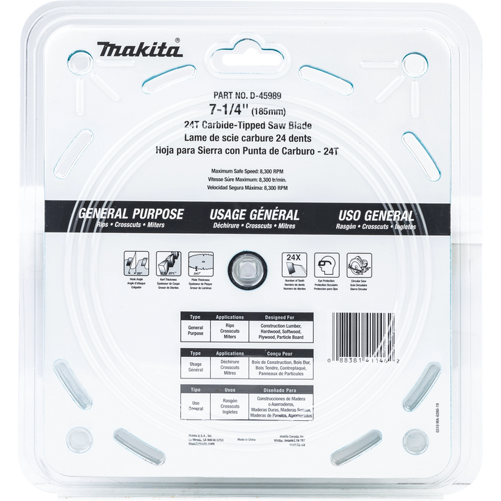 back of makita circular saw blade 10-pack packaging showing specs and usage details
