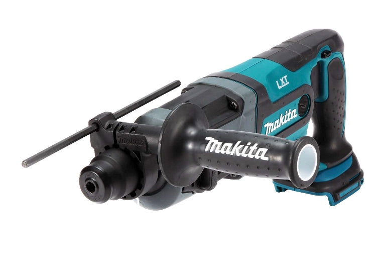Angled view of Makita 18V LXT 7/8" SDS-PLUS Rotary Hammer showing compact body and SDS chuck

