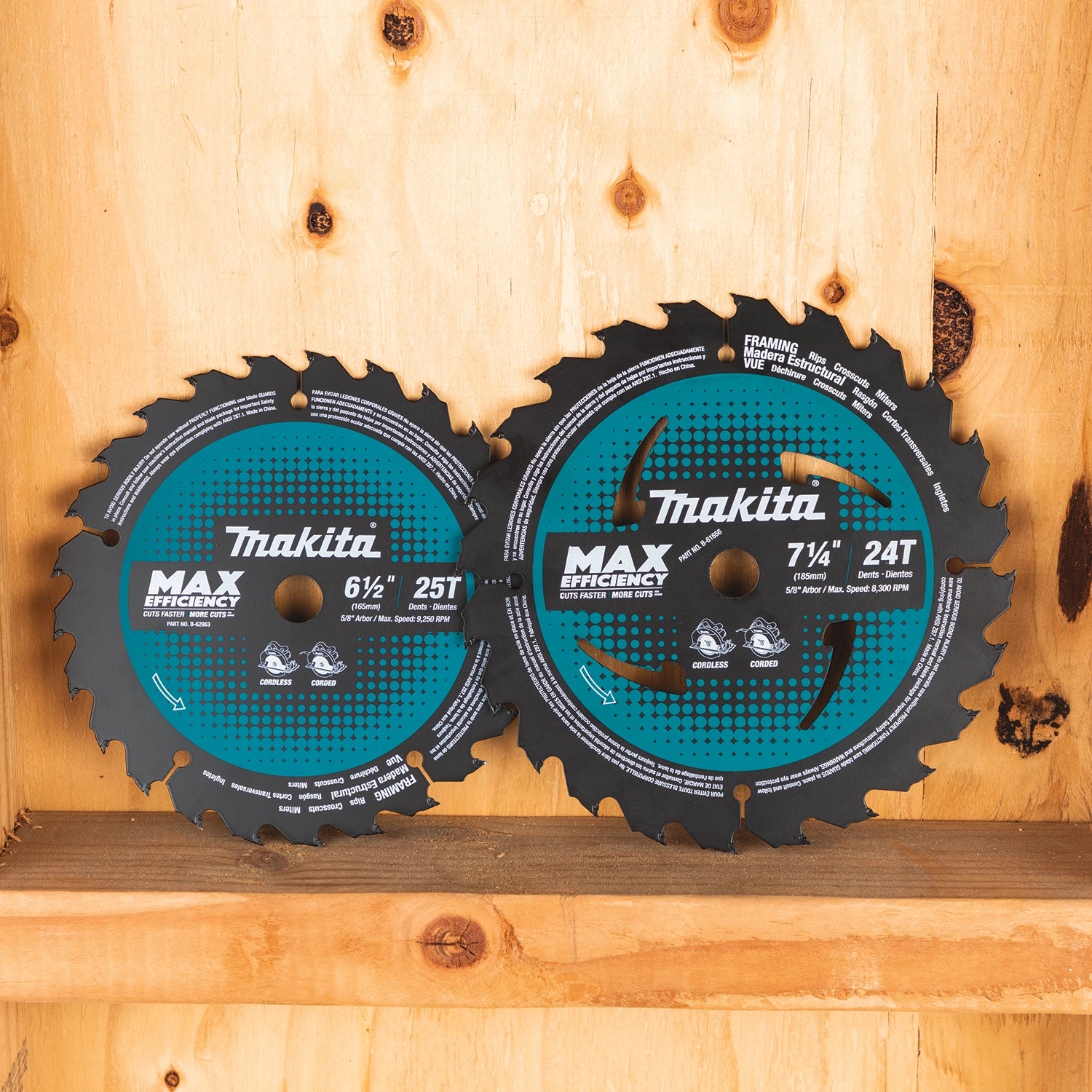 two makita blades positioned together at job site
