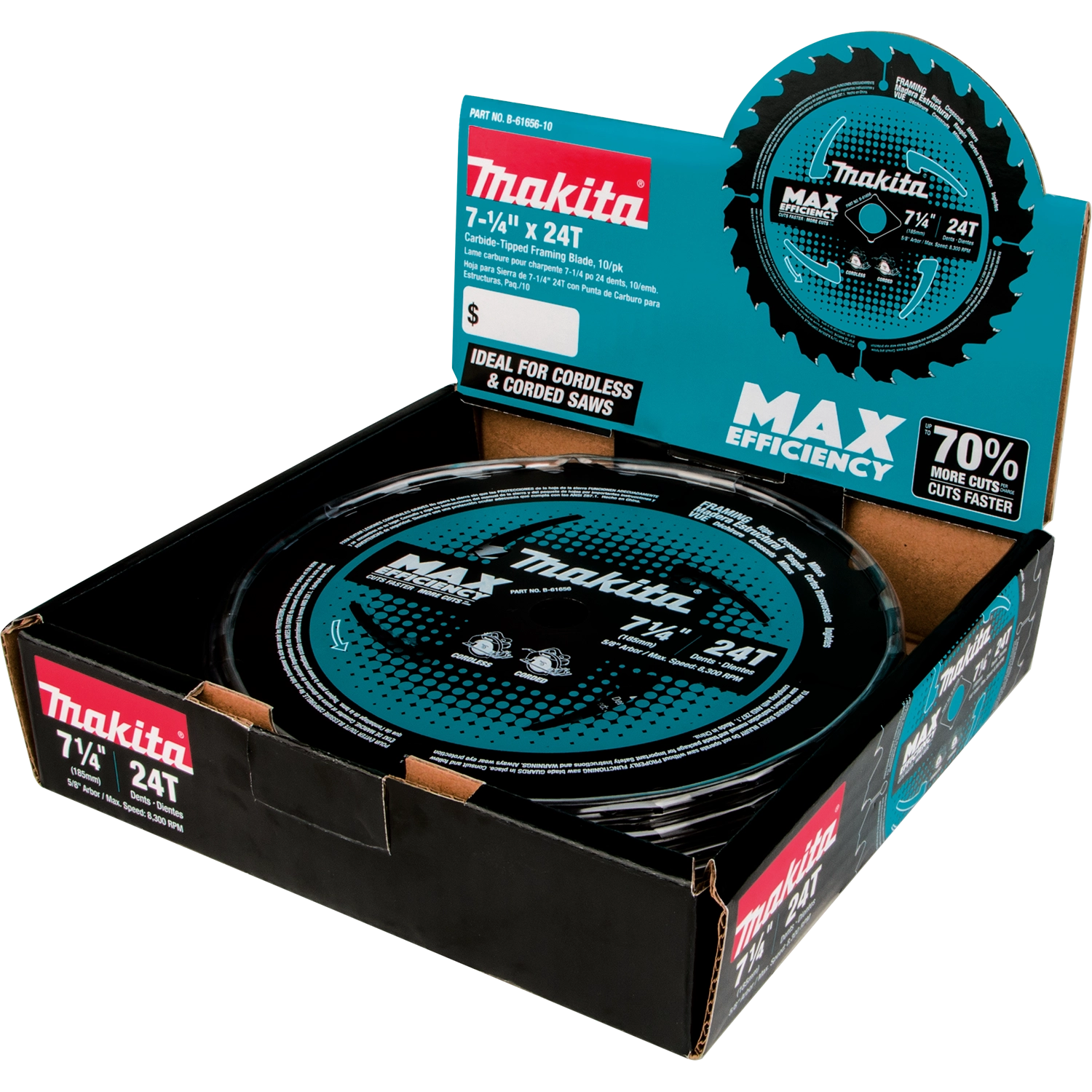 open box displaying makita saw blades inside

