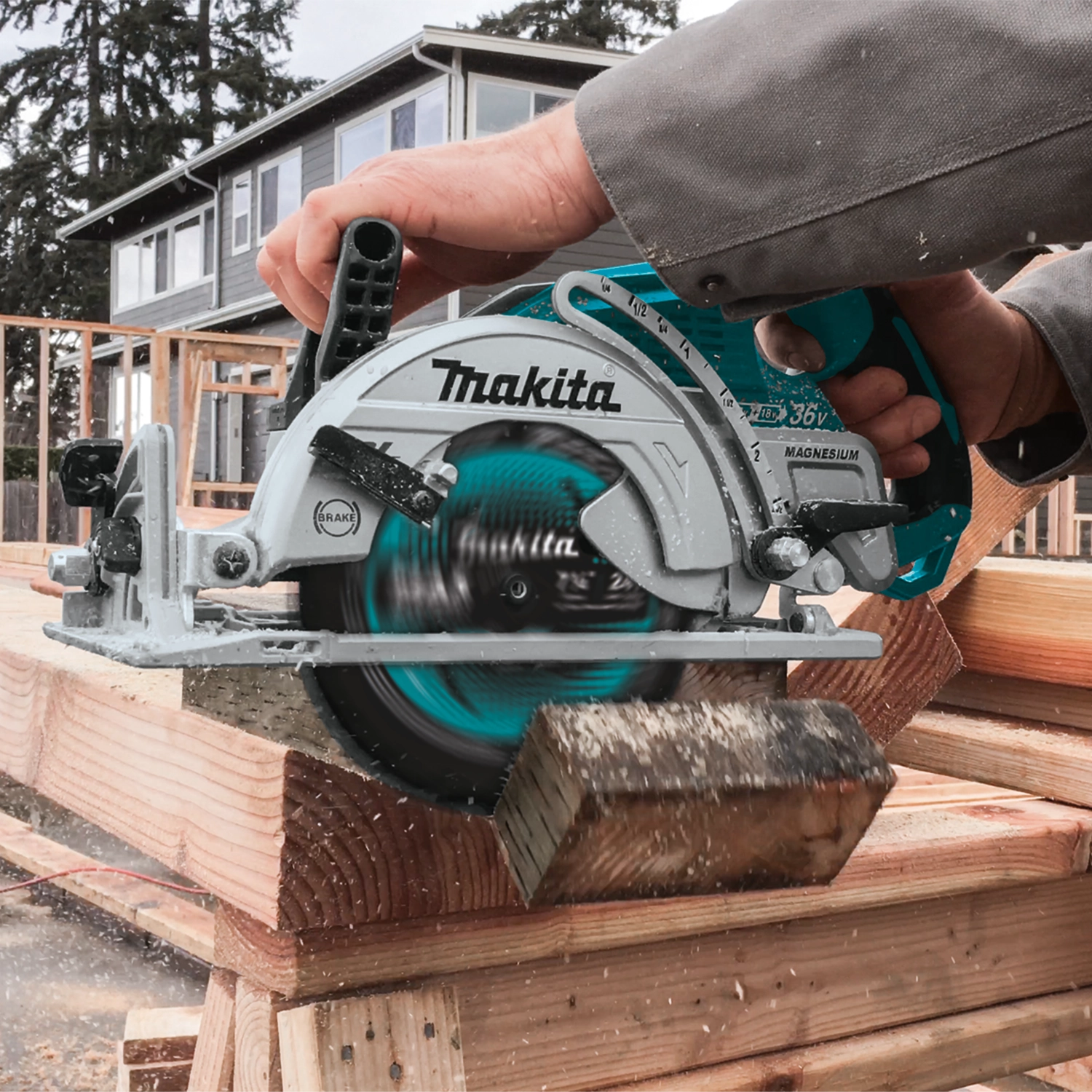 makita circular saw with blade mounted on job site
