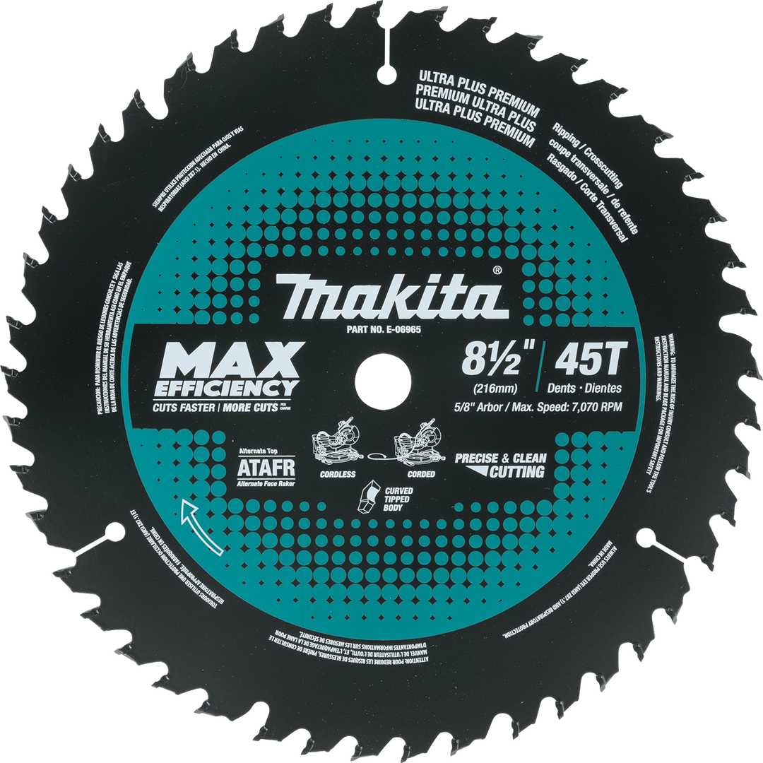 Front view of Makita 8-1/2" 45T Max Efficiency miter saw blade

