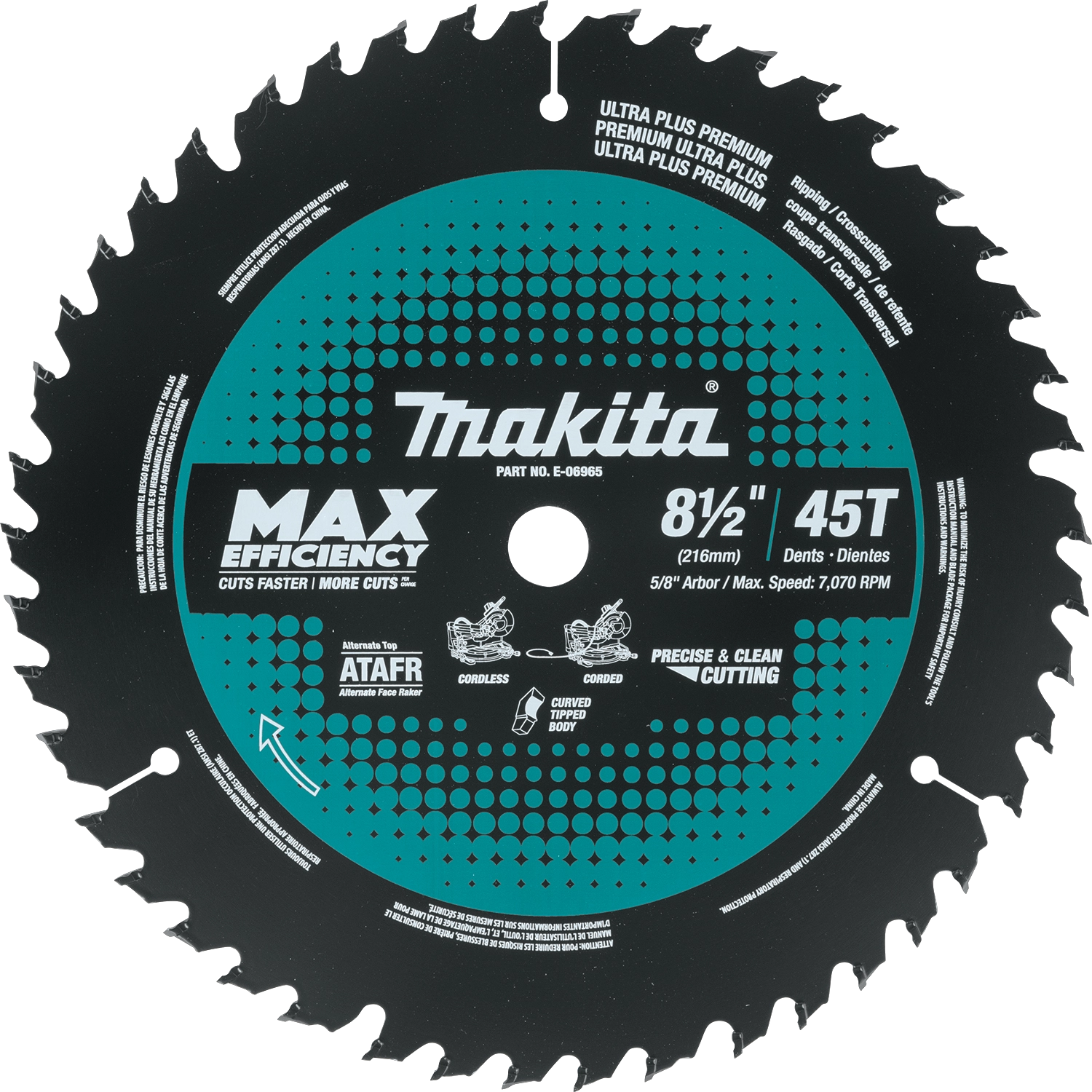 Front view of Makita 8-1/2" 45T Max Efficiency miter saw blade
