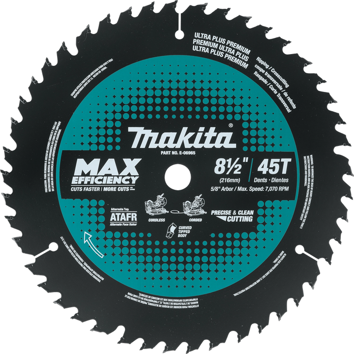 Front view of Makita 8-1/2" 45T Max Efficiency miter saw blade
