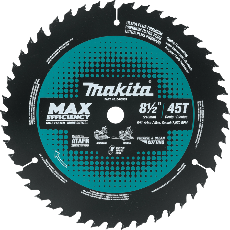 Front view of Makita 8-1/2" 45T Max Efficiency miter saw blade
