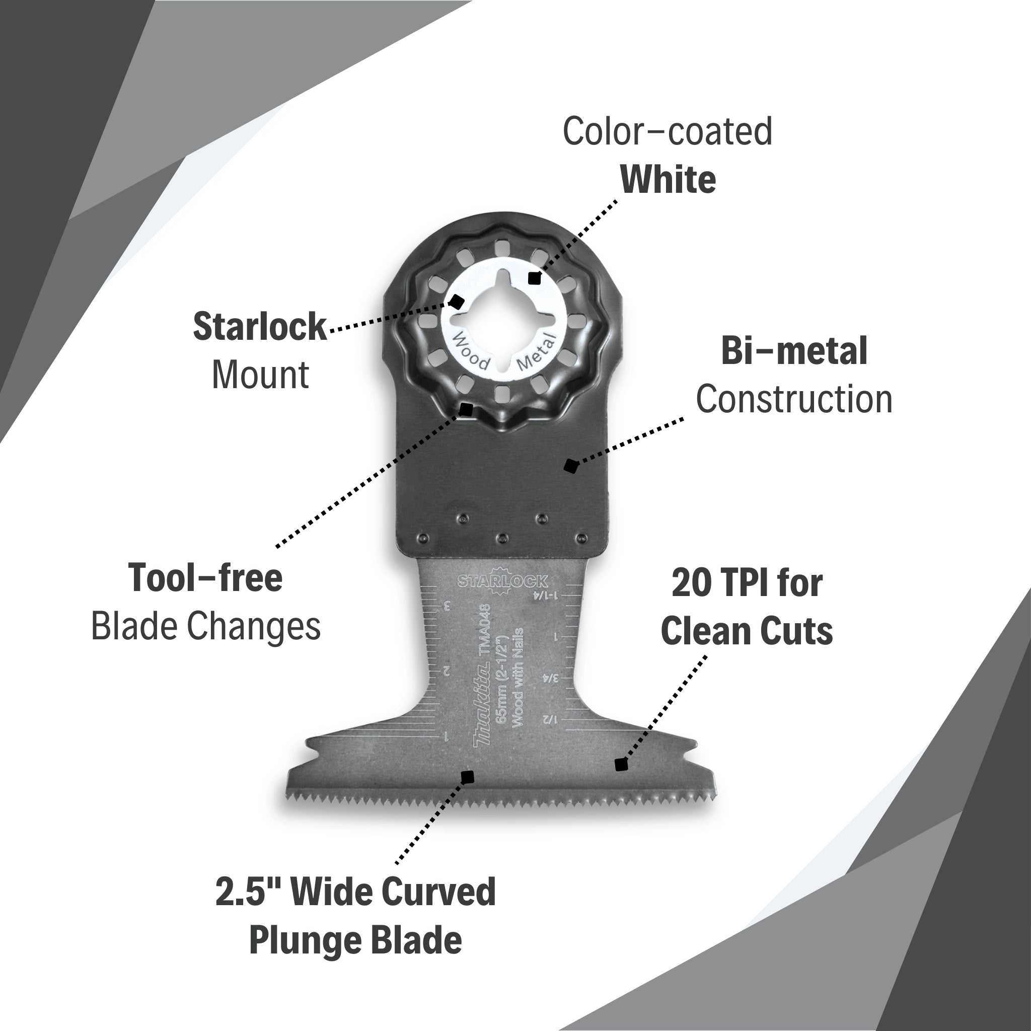 Makita 2-1/2" Starlock Curved Plunge Blade with packaging features displayed
