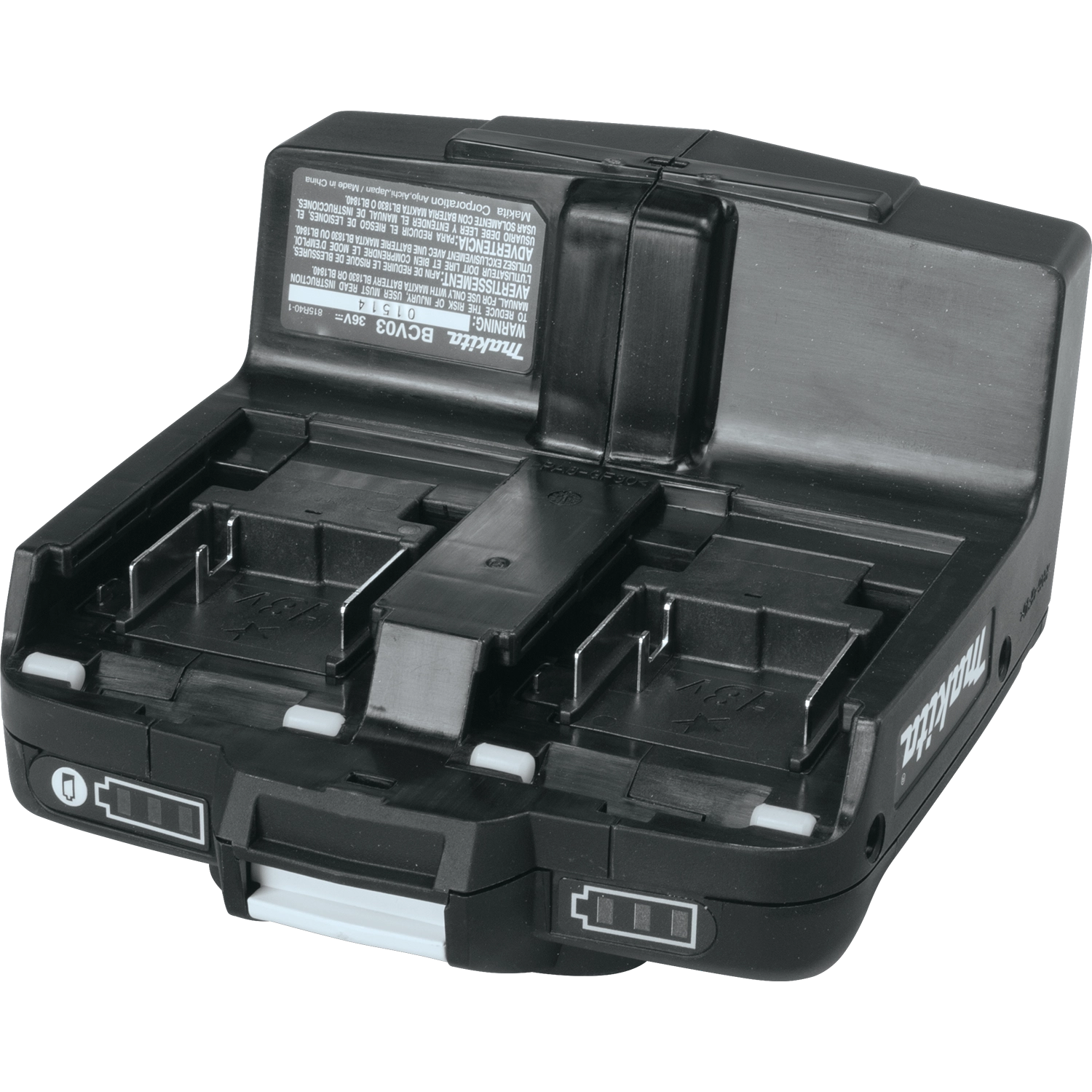 back view of makita 36v adaptor turned upside down showing labels and contact points

