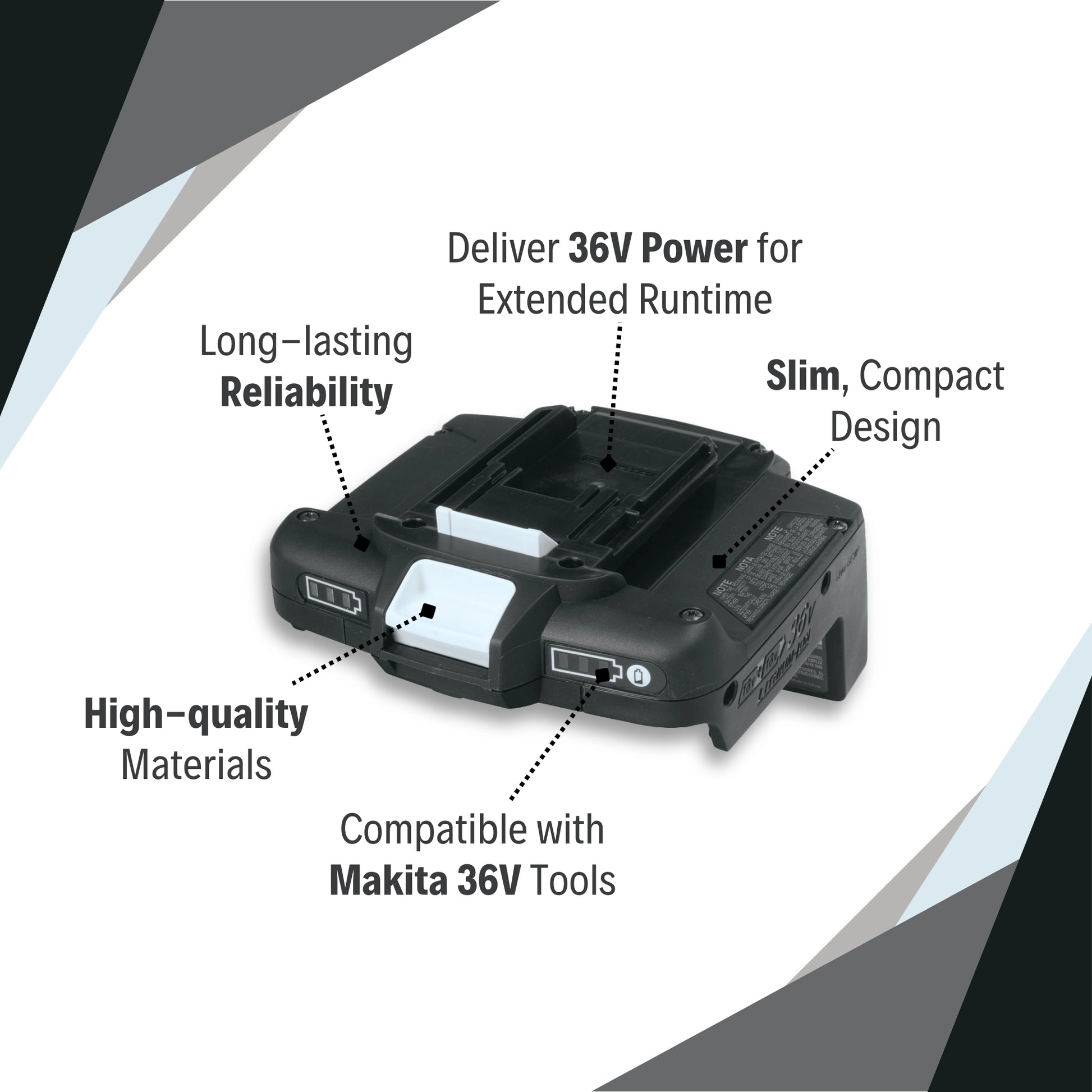 features of makita bcv03 36v adaptor including dual 18v input ports and compact cable connection
