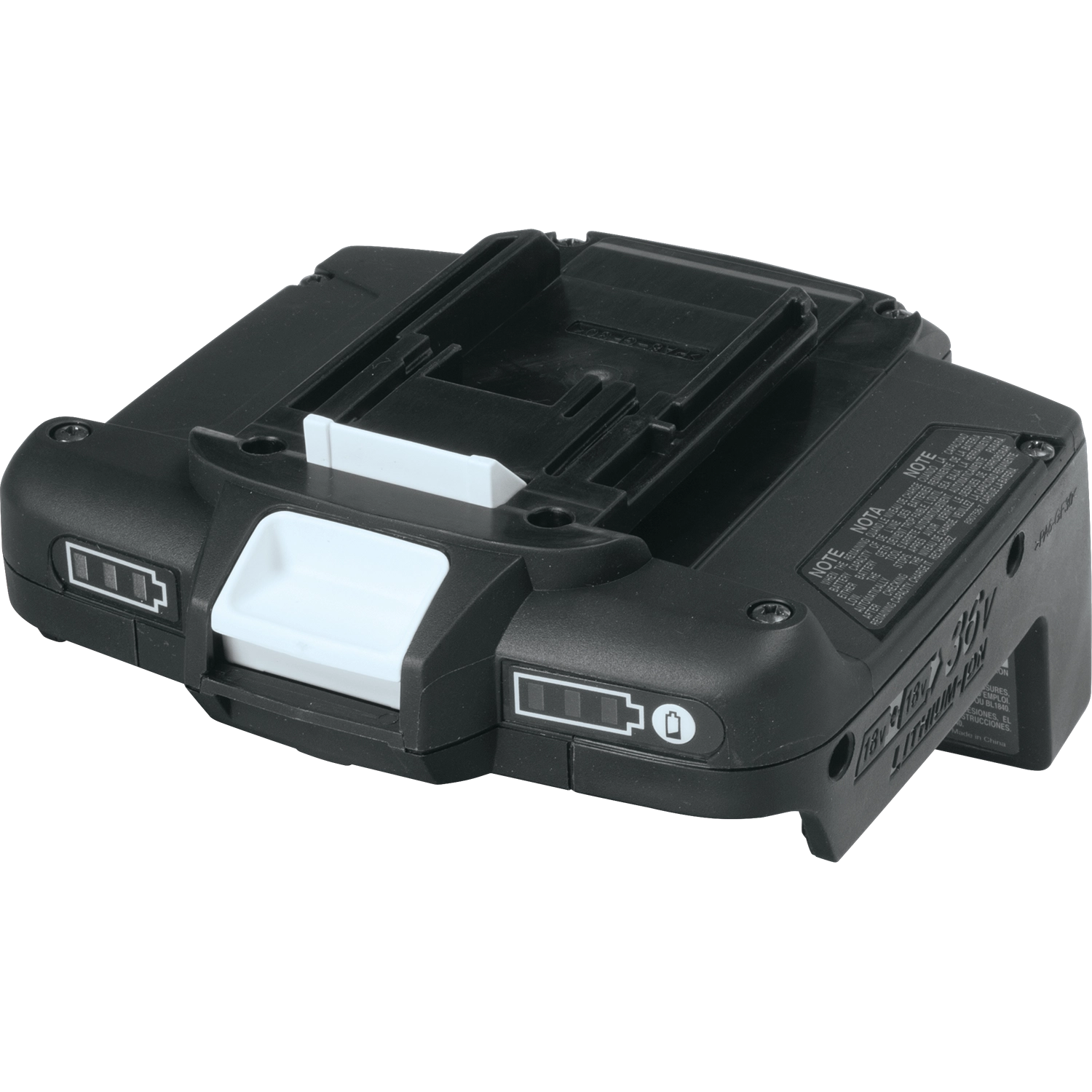 front view of makita cordless 36v adaptor showing connector cable and battery inputs
