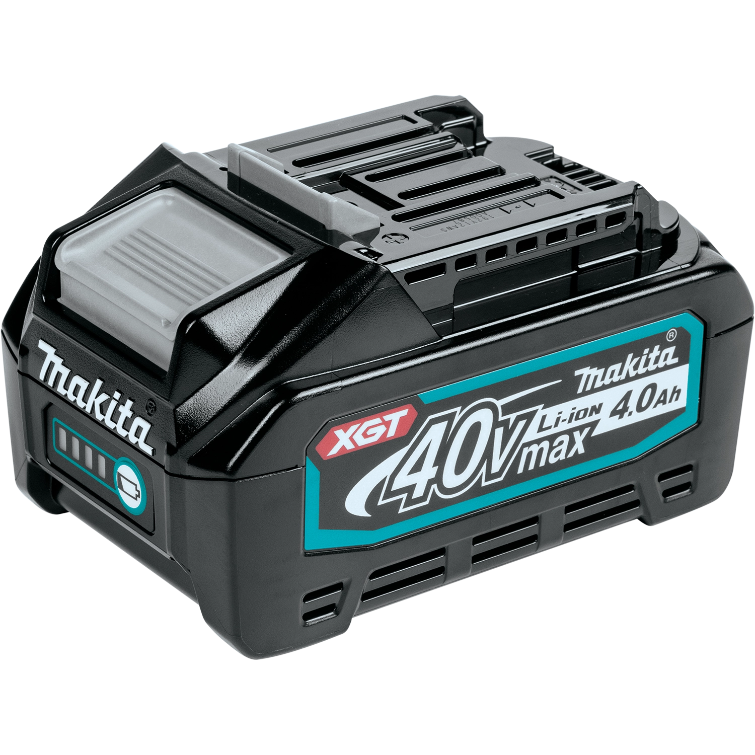 Angled top-side view of Makita 40V XGT 4.0Ah battery

