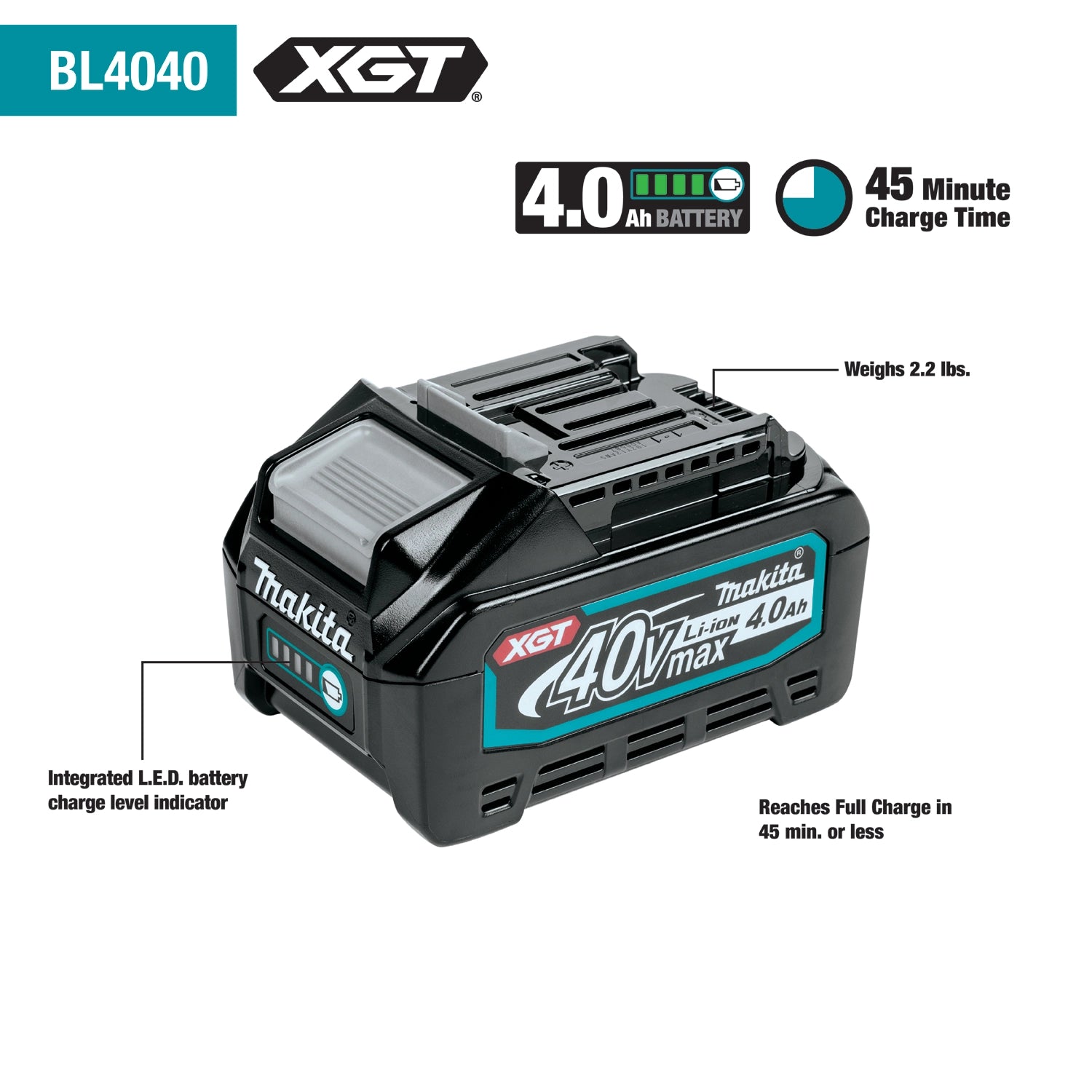 Highlighted key benefits of Makita 40V Max XGT battery

