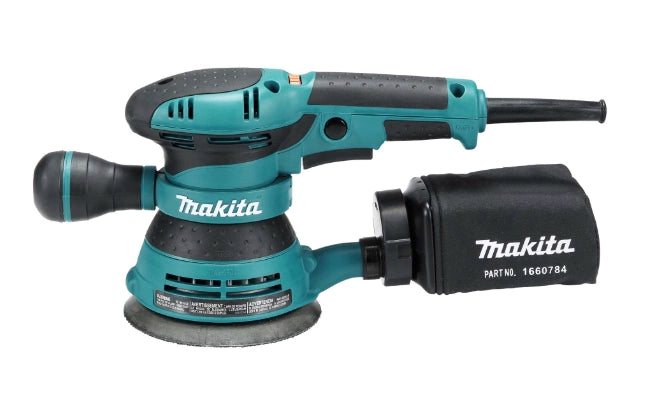 left side view of makita bo5041 5 inch random orbit sander showing dust port and motor housing
