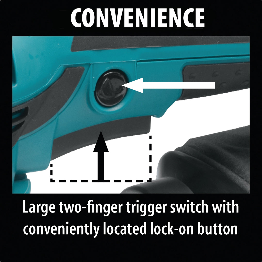 makita 5 inch sander with dust bag and hook-and-loop disc showing convenience features
