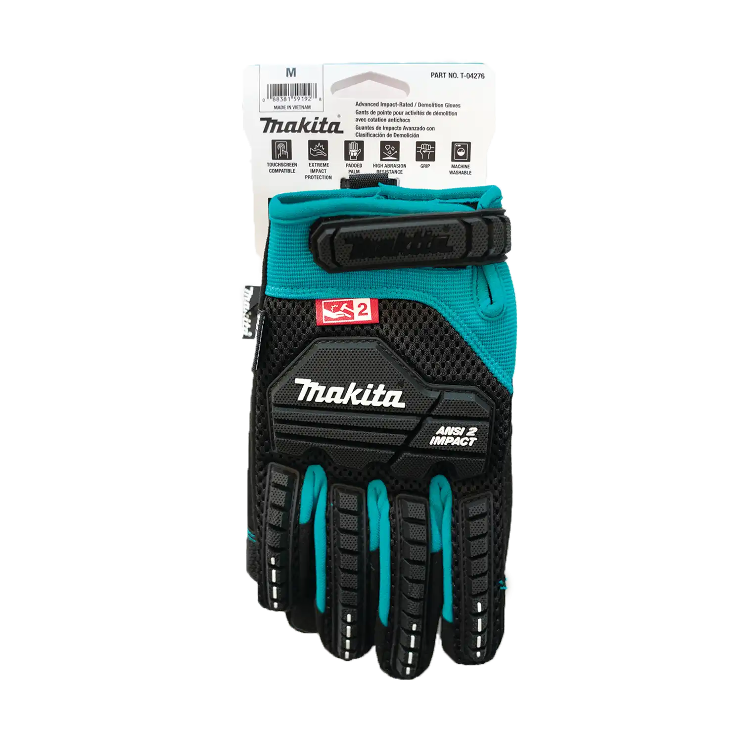Back view of Makita gloves with packaging showing product info and sizing details
