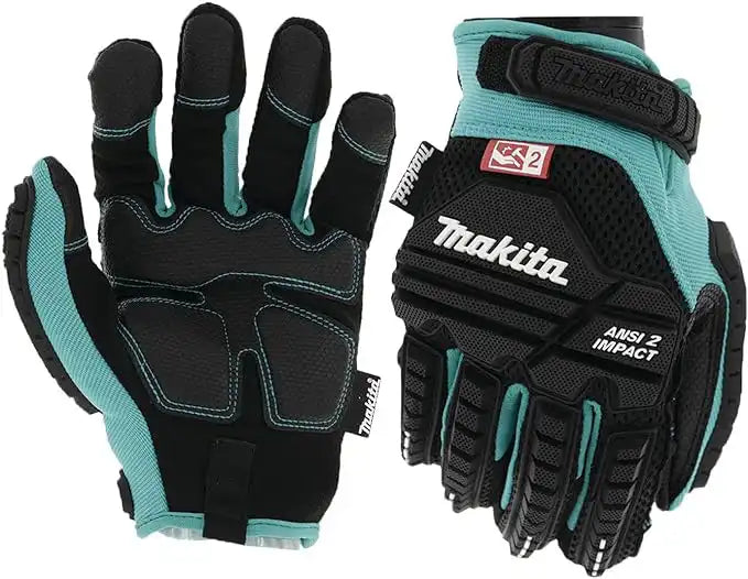 Front and back view of Makita impact-rated gloves showing knuckle padding and breathable mesh back
