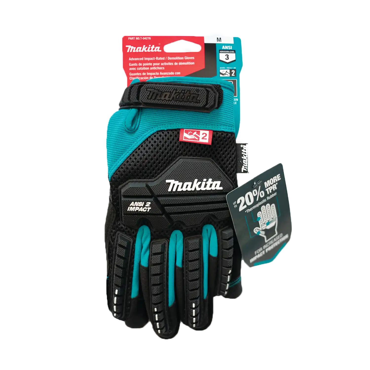 Front view of Makita demolition gloves next to original retail packaging
