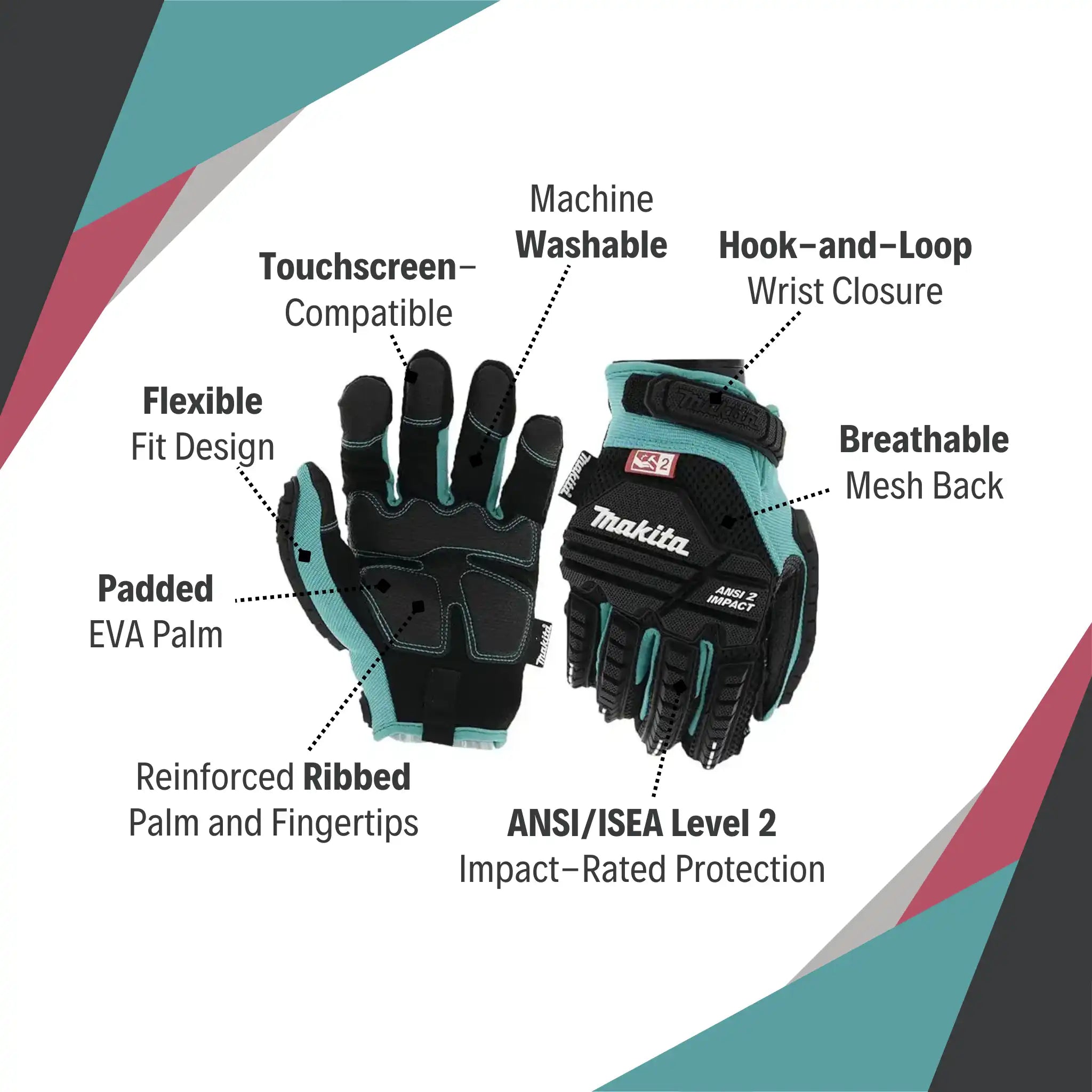 Makita demolition gloves with labeled features including TPR knuckles, padded palm, and touchscreen tips
