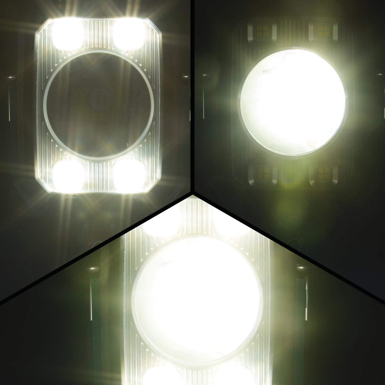 Brightness levels of Makita DML812 spotlight shown side-by-side
