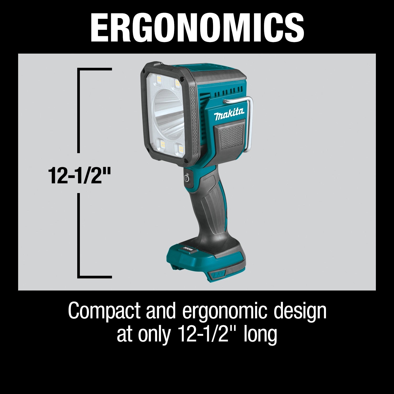 Ergonomic grip of Makita DML812 shown in handheld use
