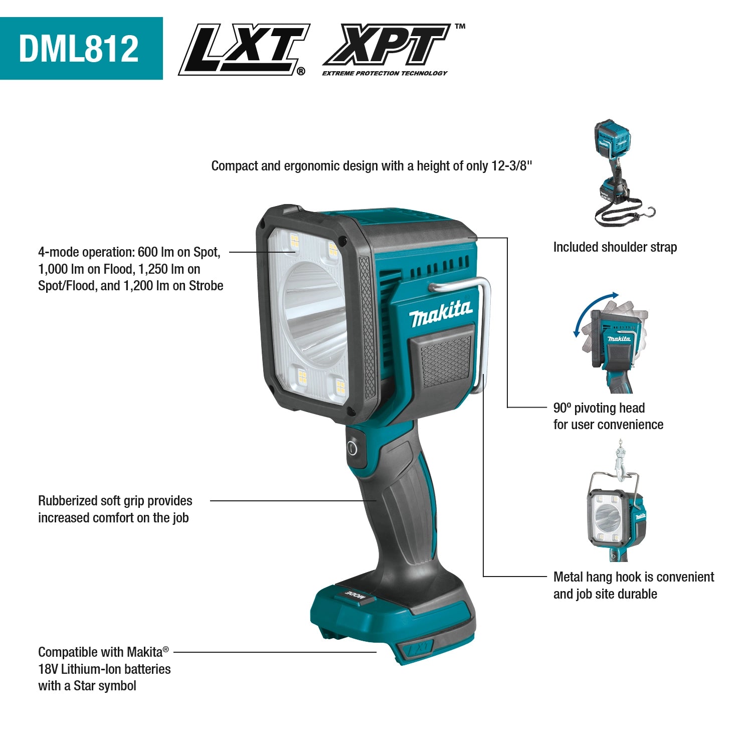 Makita DML812 spotlight showing key LED features and build

