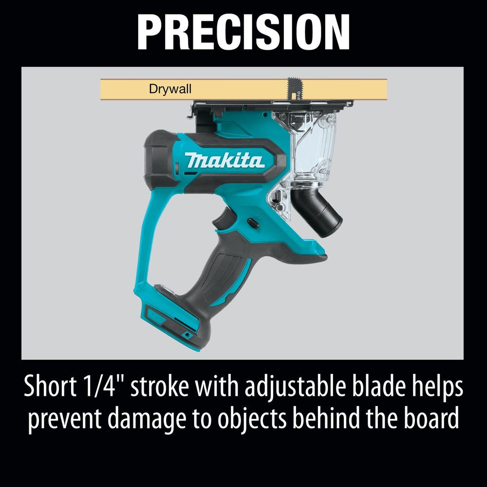 Makita drywall saw positioned for a precision cut on a marked surface
