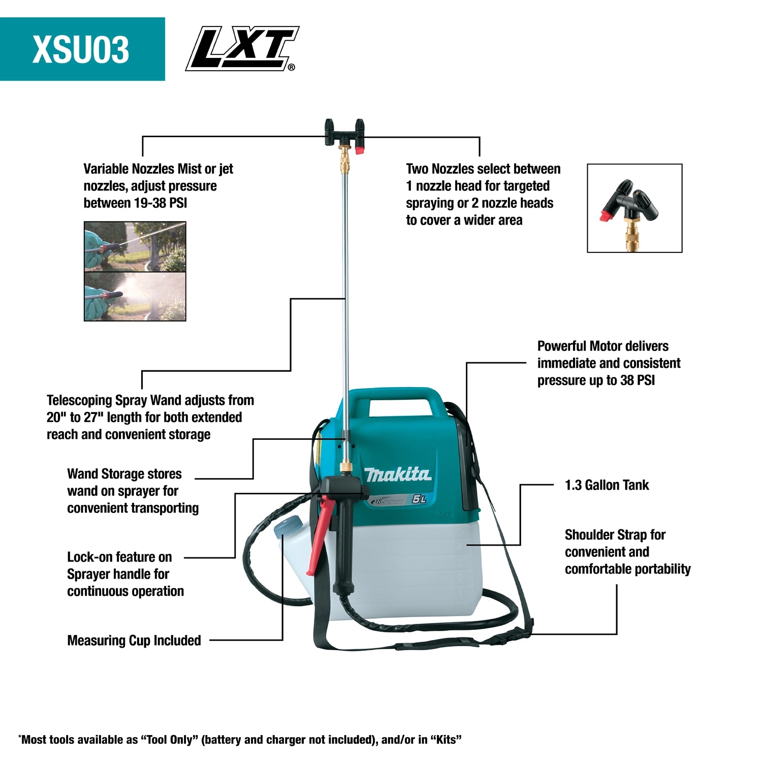 Makita cordless garden sprayer showcasing key features and ergonomic body design
